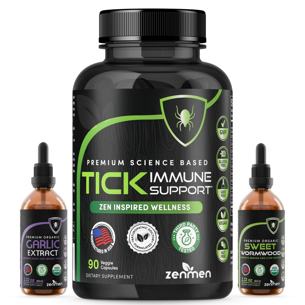 Zenmen Tick Immune Support Bundle: 90 Capsules & Organic Garlic & Sweet Wormwood Extracts – Science-Based Immune, Heart & Liver Health Support, Third-Party Tested, Vegan, Non-GMO