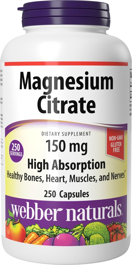 Webber Naturals Magnesium Citrate, 150 mg/per Capsule, 250 mcapsules, 高吸收, 帮助支持骨骼, 牙齿和适当的肌肉和心脏功能, Gluten & 奶制品自由