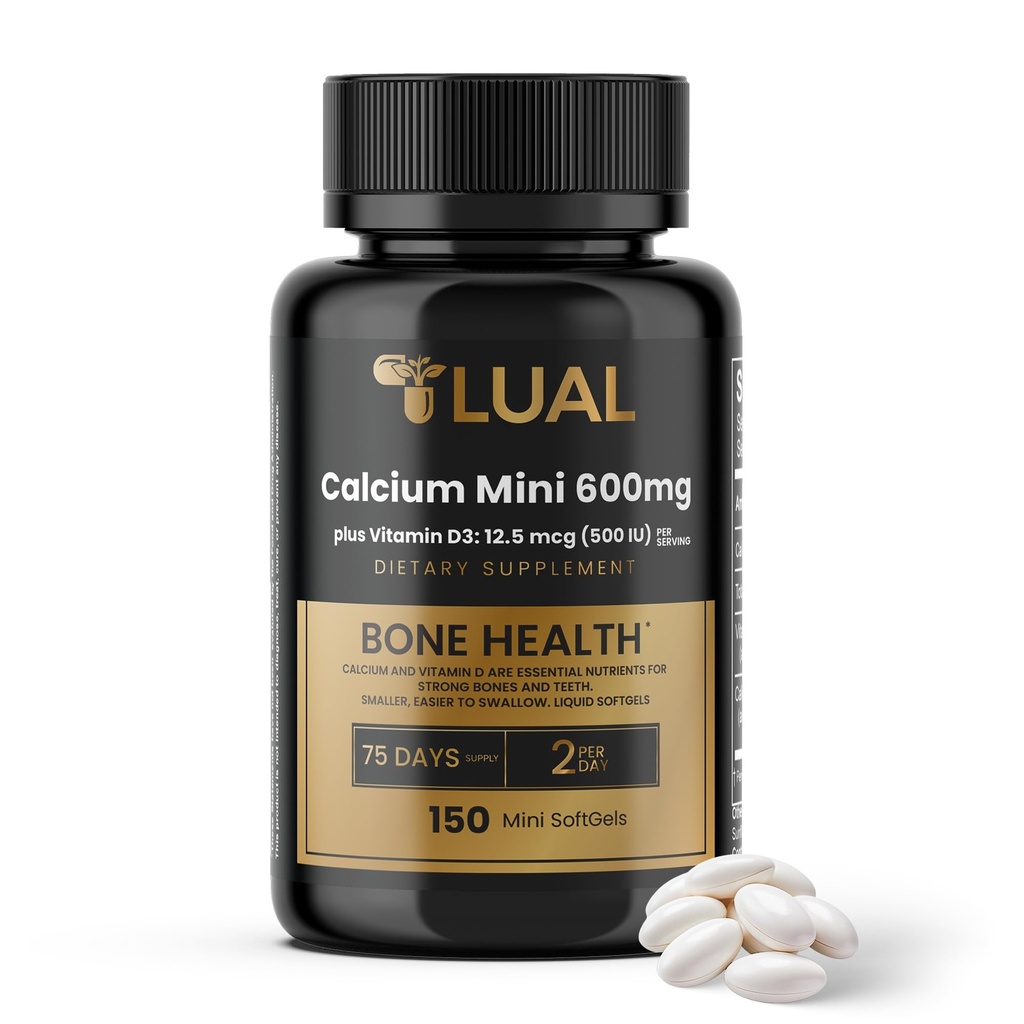 含有维生素D3的LUAL钙 迷你600毫克 - Bone & Muscle 支持 - 150 迷你软胶 - 容易吞 - 强骨和流动性的Calcium & D3