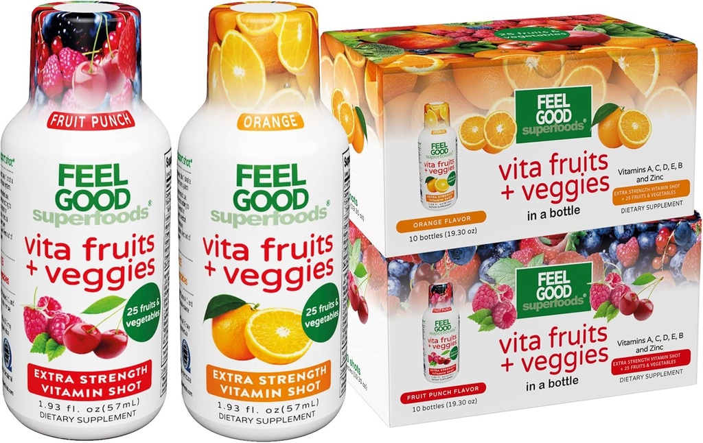 Feel Good Superfoods Vita水果和Veggies Immune 支持射击补充品, 25个有机水果和Veggies, 准备饮用豁免助推剂, 橙和水果冲刺, Combo Pack of 20