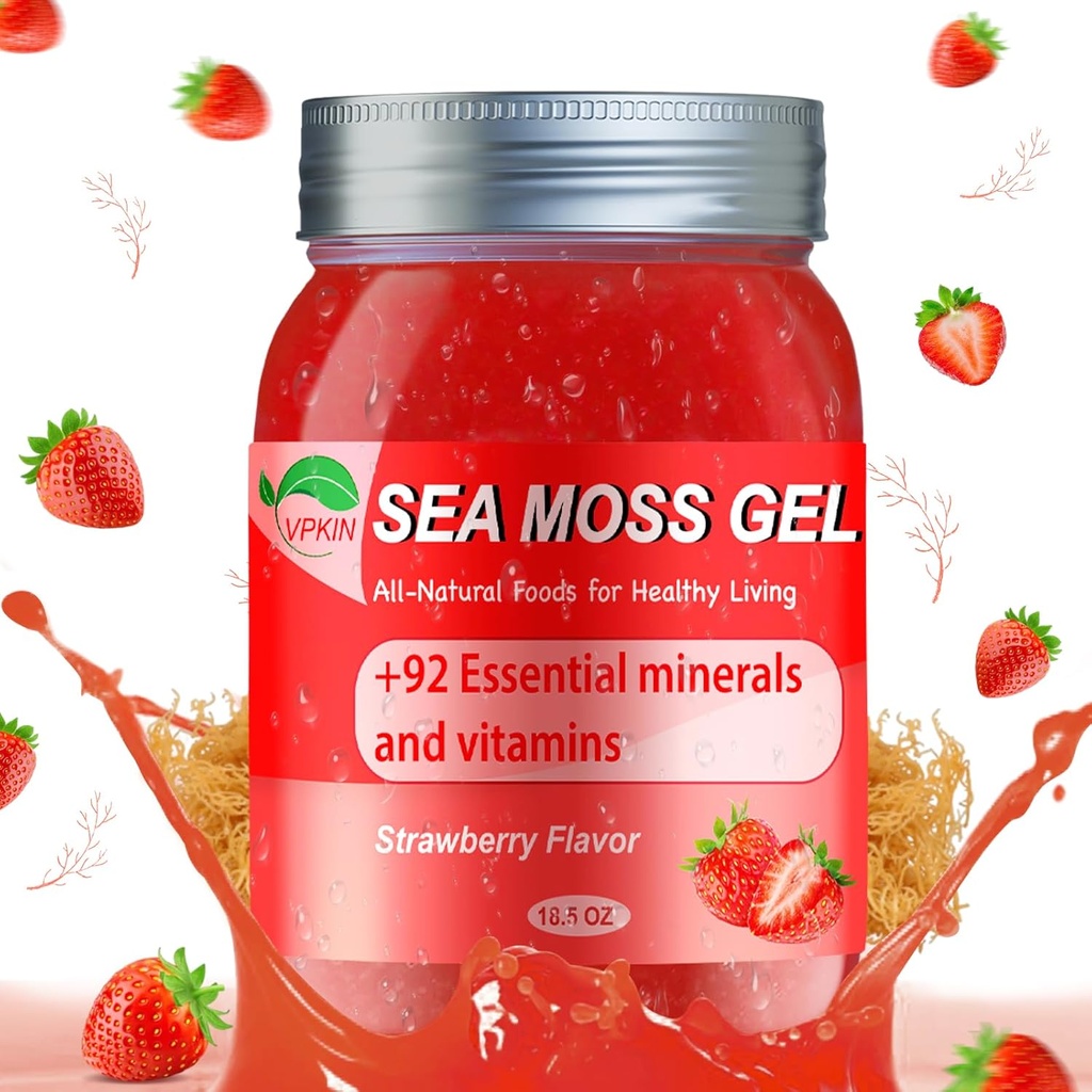 Sea Moss Gel, Organic Raw Irish Seamoss Gel 高级超级食品,易燃和消化支持,维生素和矿物补充(草莓,18.5OZ)