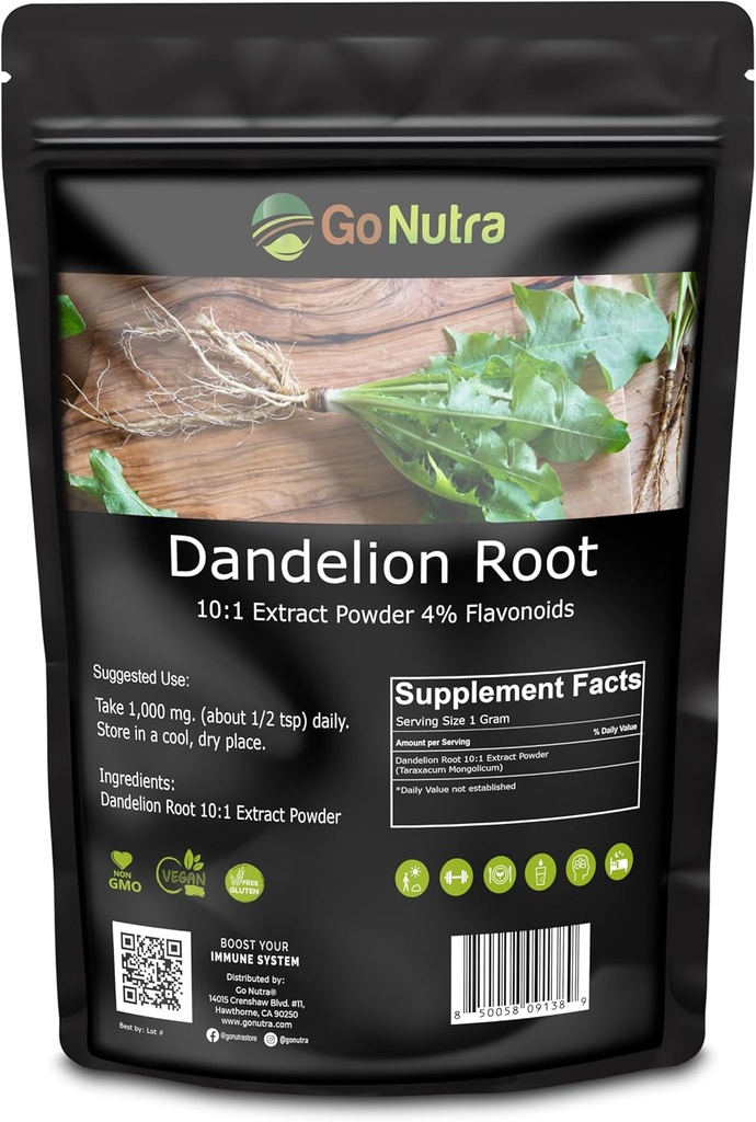Go Nutra Dandelion Root Powder for Tea, Coffee and Beverages 集中10:1 Dandelion Root 抽取粉,咖啡因自由 QQ抗氧化剂,消化和免疫系统 QQ Non-GMO, Vegan QQ 16 oz(1磅)