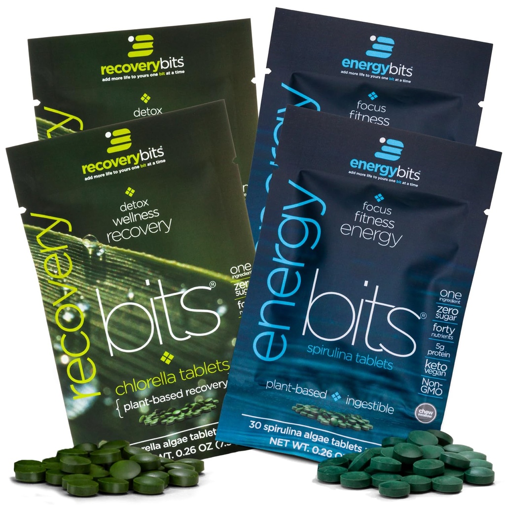 ENERGYbits/RECOVERYbits - 有机螺旋藻类和氯菌类药片 - 单一服务样品包 - 藻类超食品 - 高蛋白,氯酚类 - 自我护理 - Vegan, Keto, Gluten Free - 4 Bags, 30/Bag