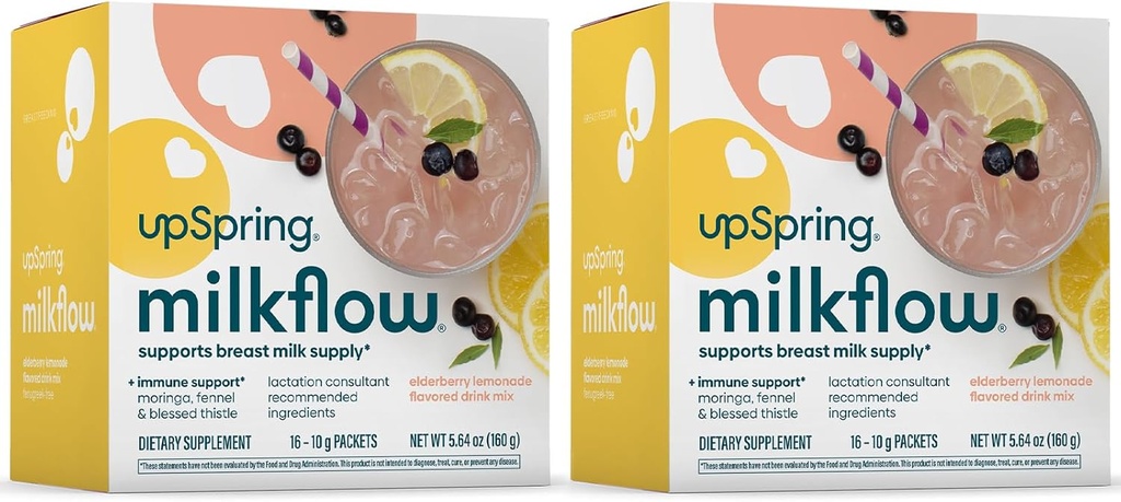 UpSpring Milkflow Immune 支持母乳喂养 补充饮料 Mix Fenugreek - Free, Moringa QQ 长莓柠檬汁 Flamonade QQ 乳液补充剂 支持母乳供应 QX 2 Pack