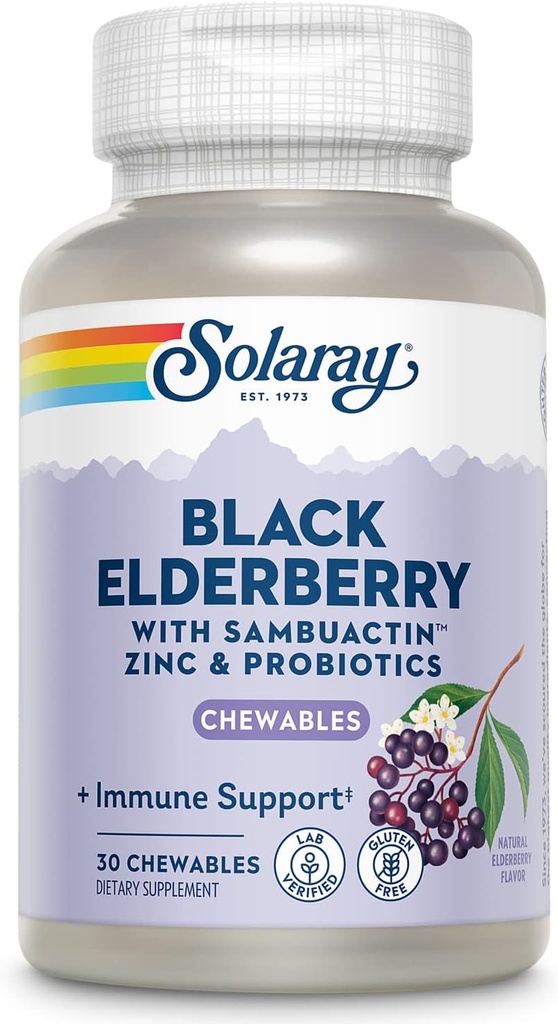 SOLARAY Black Elderberry 提取剂,配有锌、抗生素和维生素C 健康免疫系统支持 30块可切片