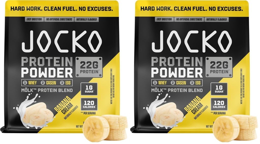 Jocko Fuel Whey Protein Powder, Banana Cream, 22g Protein, Digestive Enzymes + Probiotic Blend, No Sugar Added, with Essential Amino Acids + Electrolyte Minerals, 28 Servings (Pack of 2)