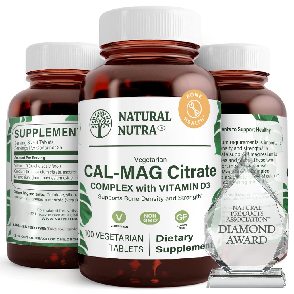 天然核糖体 Cal-Mag 配有维生素D3 1100/500 mg 复合体、加强骨密度、肌肉和神经健康、帮助保持健康的牙齿、生物可用源、100 Vegan 片