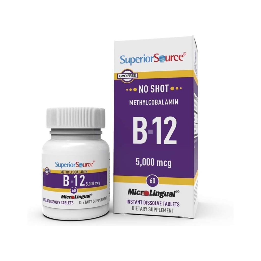 高级来源:没有注射甲基Cobalamin B-12,5000毫微克 - 维生素B-12 支持能源生产、脑健康与总体健康 - 用于快速吸收的亚语言药片 - 60 溶解药片