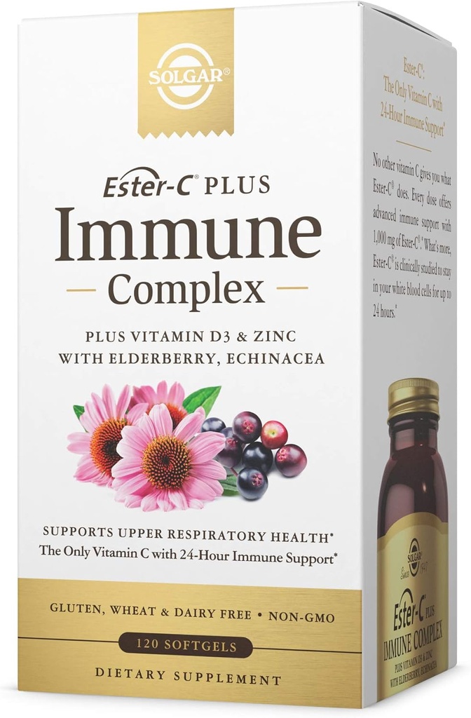 Solgar Ester-C Plus Imune Complex -120 Softgels,24Hour Imune 支持,支持上呼吸卫生 - Plus D3, 锌, 老年莓和Echinacea - Non-GMO, Gluten Free, Dairy Free - 60 services,
