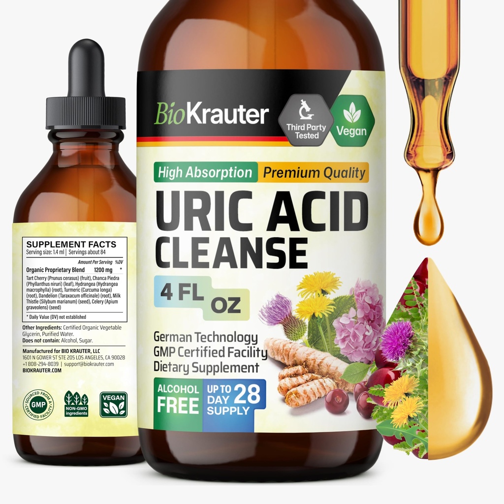 BIO KRAUTER 铀酸支持叮当 - 天然肾上腺素补充 w/Tart Cherry, 牛奶硝酸盐, Turmeric Herbal 液体提取 - Vegan Drops 4 Fl.