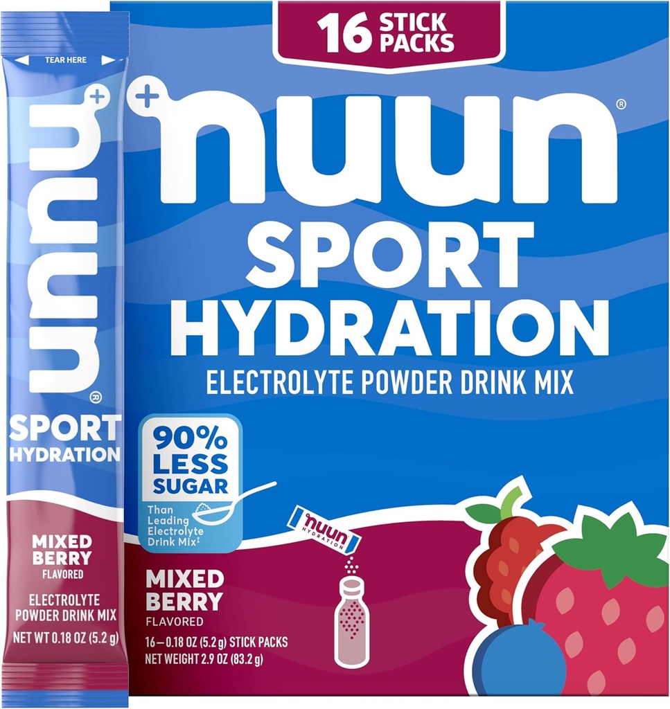 具有镁、钙、钾、氯化物和钠的Nun运动电解石粉包、液压包、混合Berry Flavor、Gluten Free & Vegan、16种单一服务