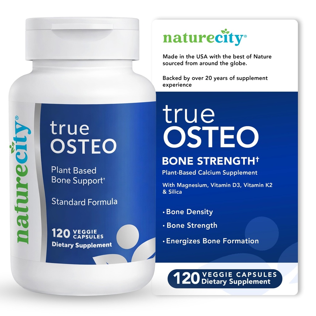 NatureCity True-Osteo Plant-Based Supplements for Bone Strige QQ藻类钙和镁,植物基维生素D3,维生素K2,硅基在胃上的热量(120 Vegie Capsules)