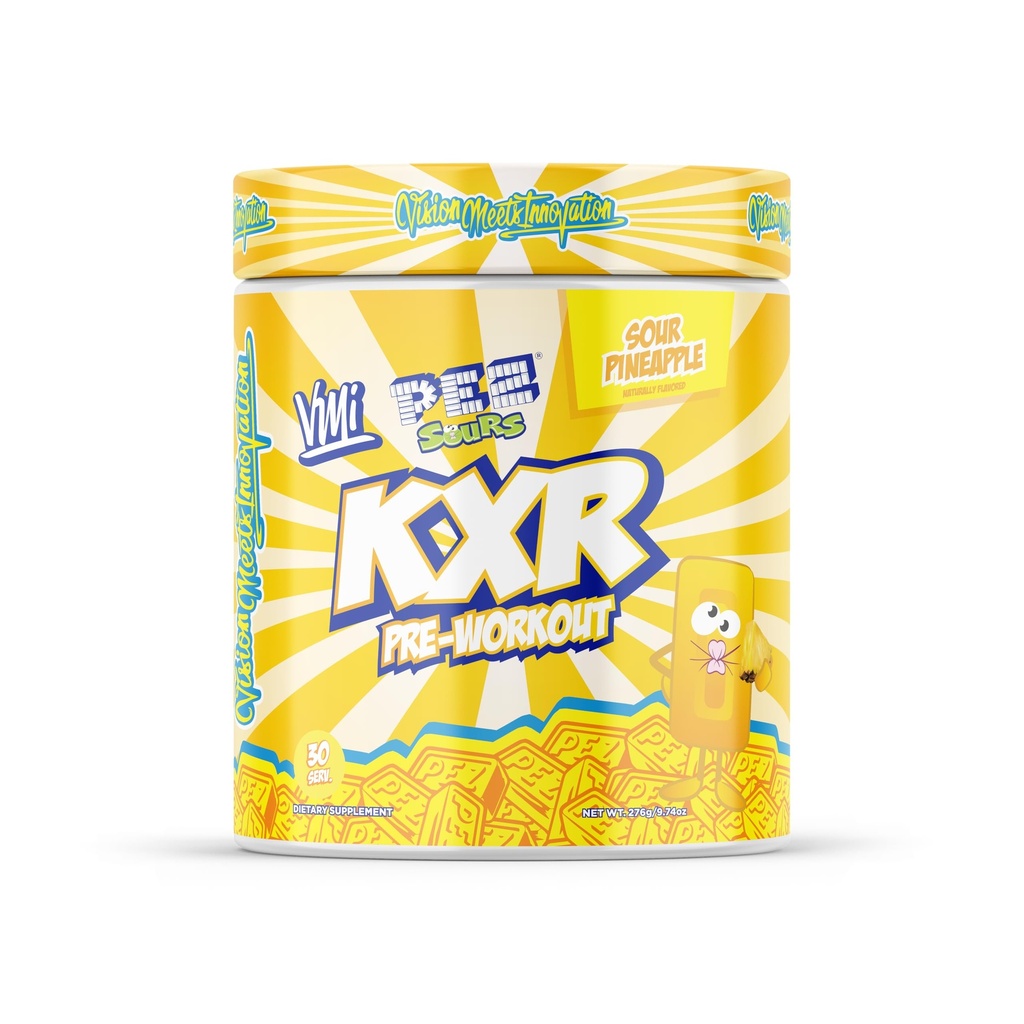 KXR Pre-Workout Energy Powder | Intense Energy Pre-Workout Drink for Men and Women| Improves Performance - Enhanced Focus & Increased Endurance | 30 Servings (PEZ Sour Pineapple) | Smooth mixing creatine free pre workout powder with 30 servings for convenient pre exercise preparation.