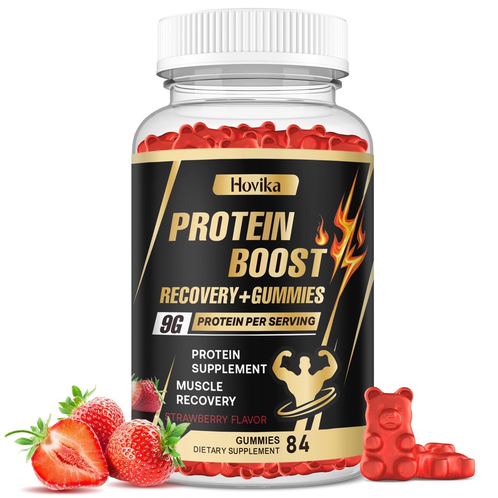 Whey Protein Gummies, 9g Protein per Serving, Easy to Take Snacks for Men & Women, Recovery + Supplement Gummies for Protein Boost, Muscle, Energy Support, Strawberry Flavor, 84 Gummies
