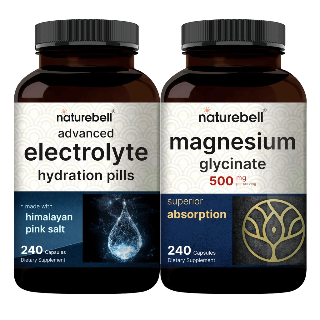 NatureBell Glycinate Magnesium Capsules 500mg & 高级电解药 水解药 包 | Chelated & 纯化矿物 | 快速水解 Keto 电解剂