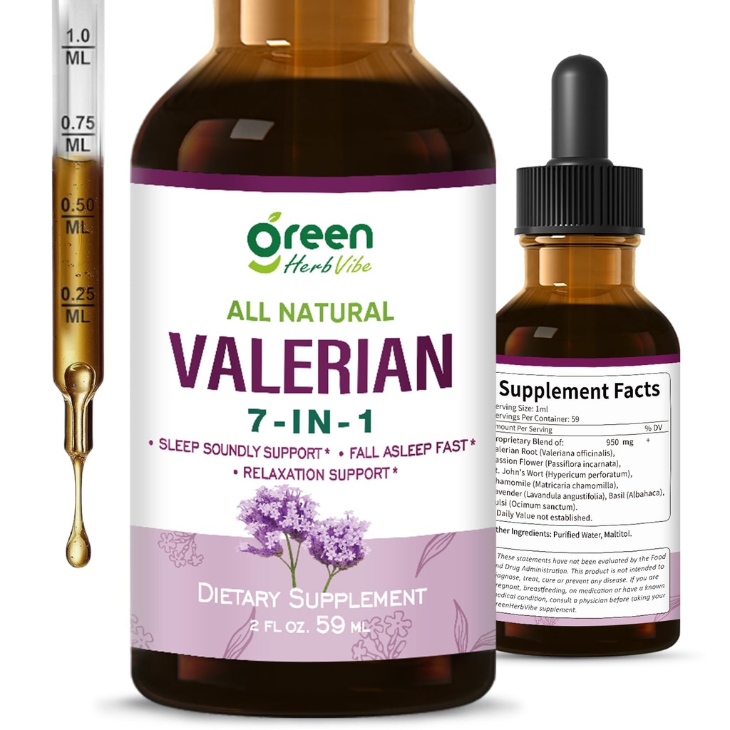 Valerian Root Extract for Sleep Liquid Drops, 7-in-1 Herbal Supplement with Passion Flower, Chamomile, Lavender, Tulsi, Basil & St. John’s Wort, Relaxation Formula. 2 oz | 60 Servings