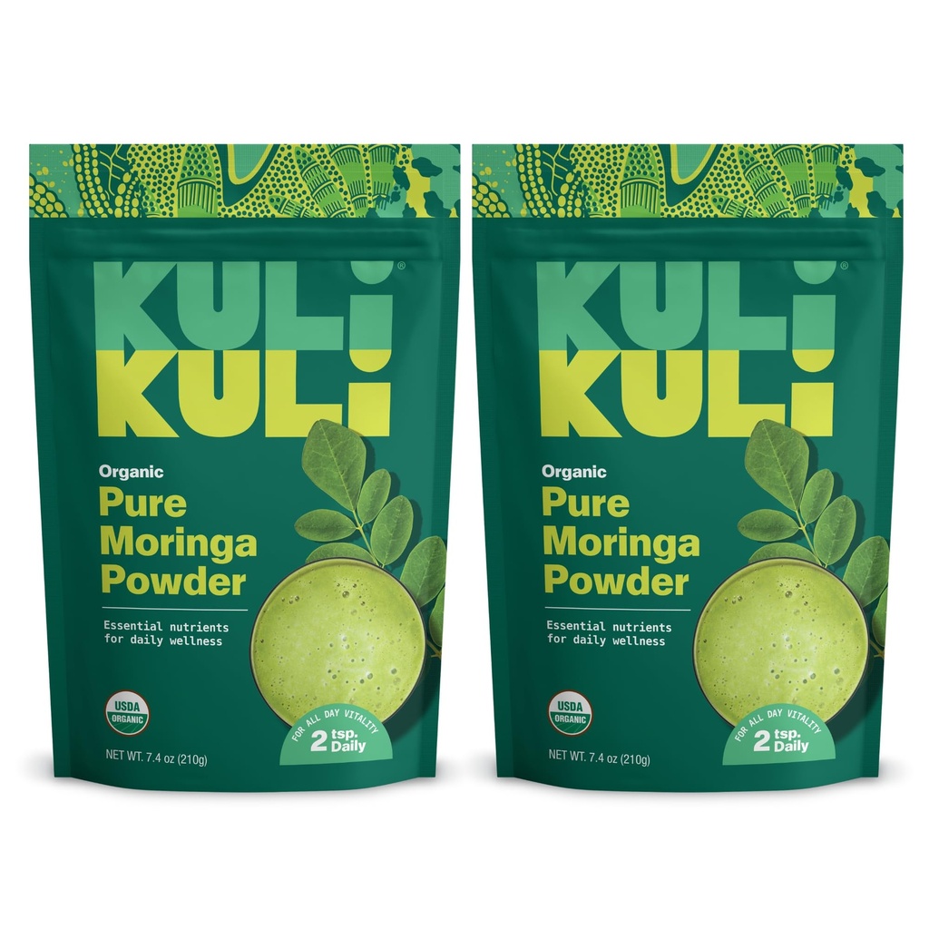 Kuli Kuli Moringa Oleifera 有机叶粉和绿色滑石,100%纯USDA认证与非GMO Moringa 粉,配有滑石,茶叶和食品,2包