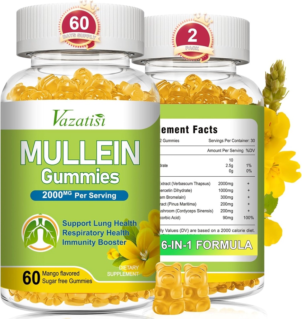 Mullein Gummys, Mullein 叶片提取与布罗梅兰, Quercetin, Pine Bark 支持肺清洁剂用于健康呼吸, 120厘米