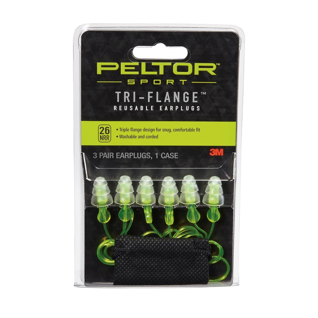 Peltor Sport Tri-Flange Corded Reusable Earplugs, 3-Pairs per Pack