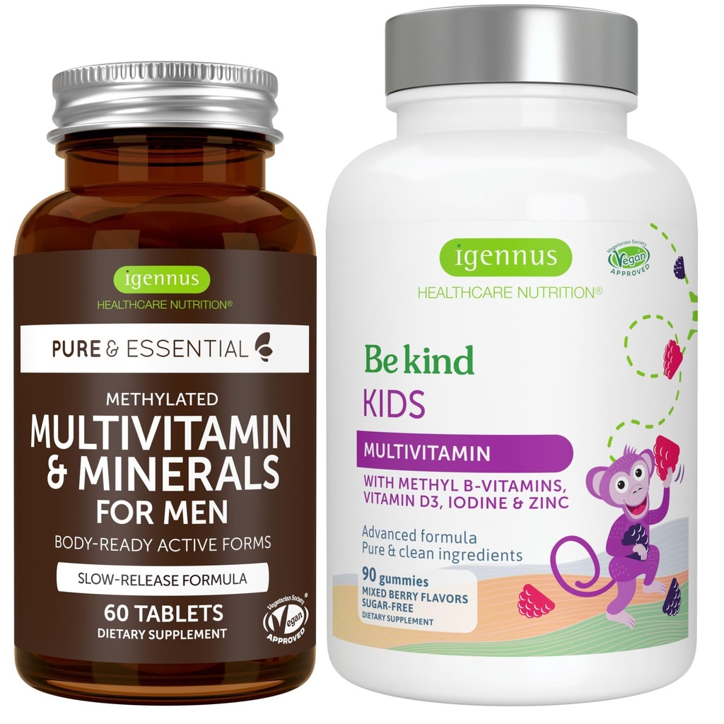 男子多维他明和矿物 + 高级儿童 多维他明 Gummy Vegan Bundle, 配有甲基B-维生素, 维生素A, C, D3 & E, 清洁标签, 60 片 + 90 Berry Flavor Gummys, by Igennus