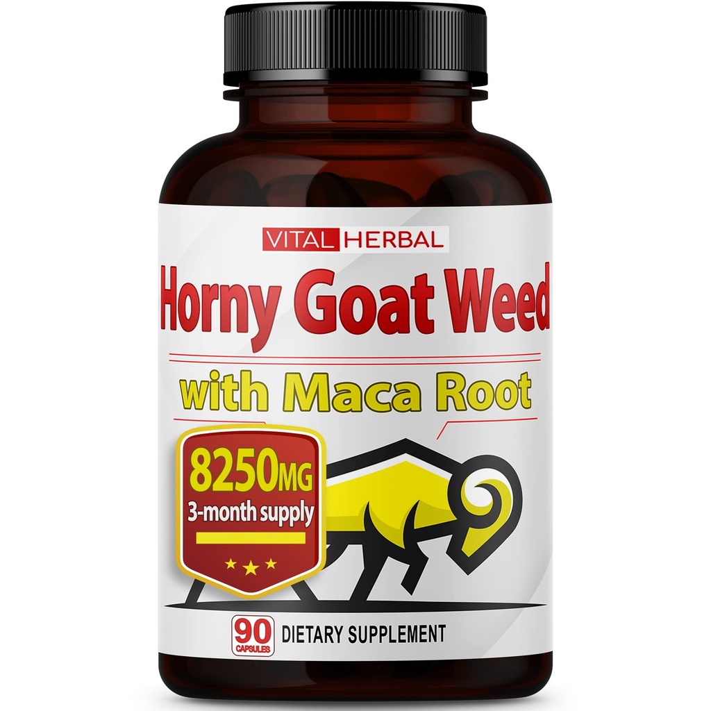 Vital Herbal Horny Goat Weed Capsules for Maximum Strength with Maca Root Tribulus Ashwagandha Tongkat Ali Panax Ginseng for Men Women, Boost Energy (90 Count (Pack of 1))