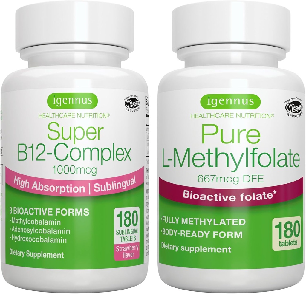 超级B12-Complex 1000mcg + 纯Folate 400mcg Vegan Bundle, 高吸附亚语维生素B12 与甲基Cobalamin, Adenosylcobalamin & Hydroxocobalamin + 优化 L-Methylfolate, by Igennus