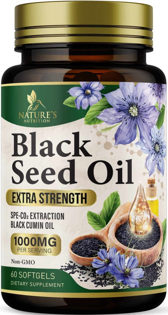 Black Cumin Seed Oil Capsules 1000mg per Serving - Premium Nigella Sativa Blackseed, Pure Natural Black Cumin Oil & Antioxidant for Skin & Immune Support - Bottled in USA Supplement - 60 Softgels