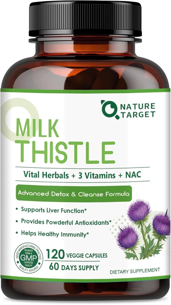 NATURE TARGET Milk Thetle Supplement for Liver Cleanse Detox & Reference, Support Suppless 350mg of 30:1 Milk Thetle 提取到10500mg, 120 Veggie Capsules(60天供应)