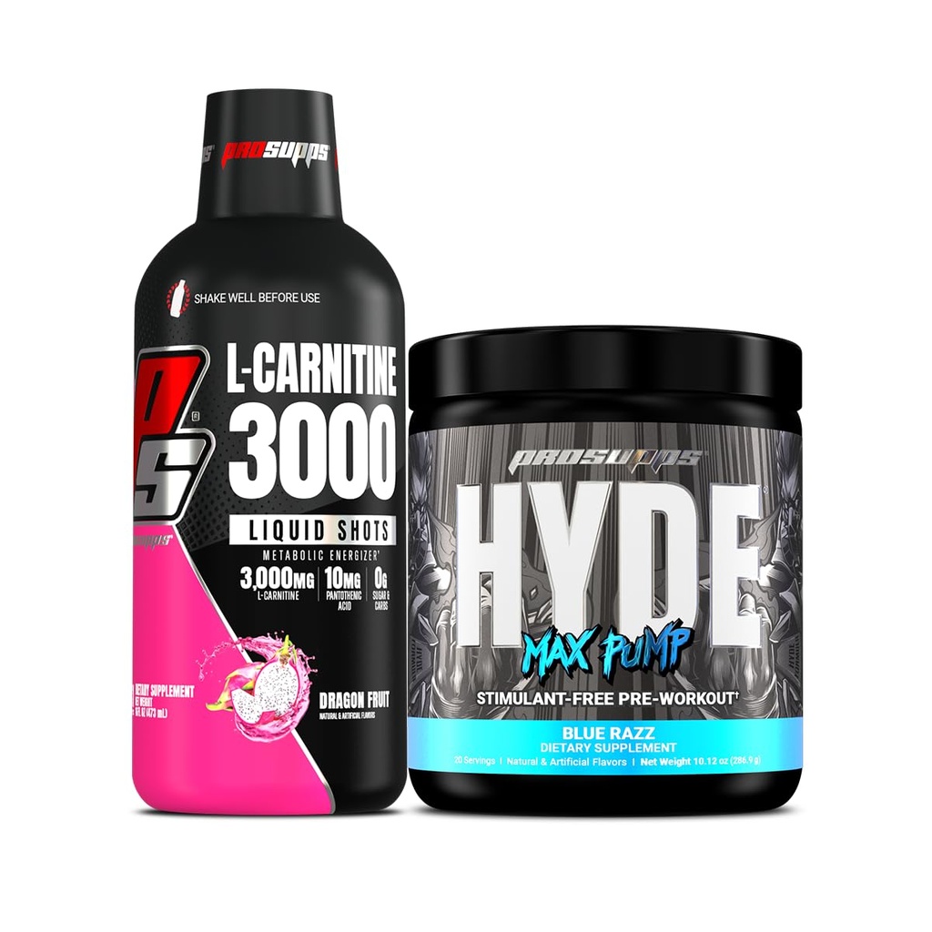PROSUPS L-Carnitine 3000 无兴奋剂液体喷射(31架,龙果)和Hyde Max泵为男女预先工作(20架,蓝雷兹)