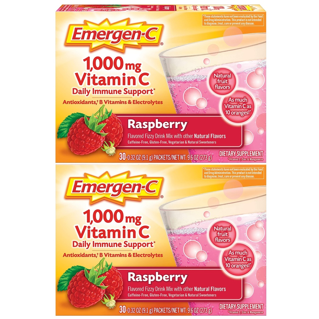 Emergen-C 1000mg 维生素C 粉末,有抗氧化剂,B 维生素和电解质,维生素C 支持免疫补充剂,咖啡因免费饮用混合剂,Raspberry Flavor - 60 Count/2个月供应量