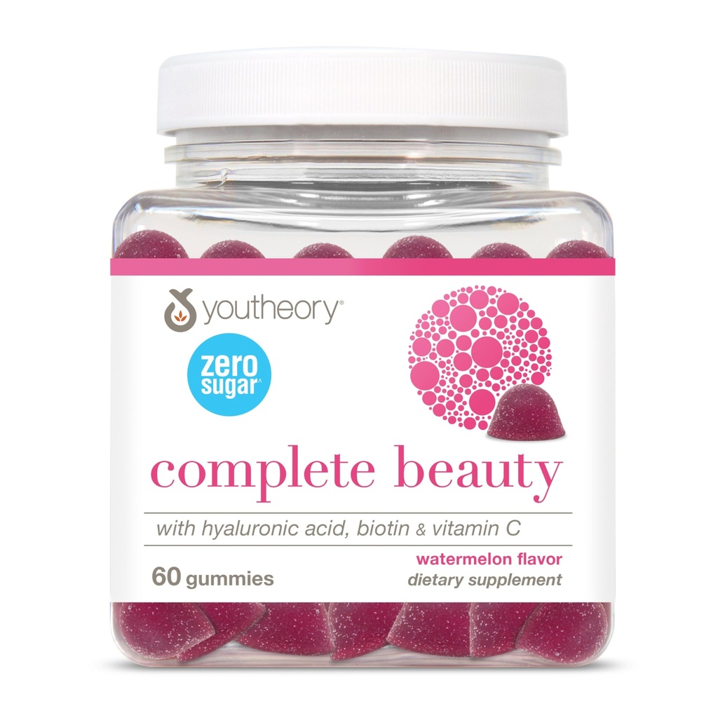 Youtheory Complete Beauty Gummies, Watermelon Flavor, Featuring hyaluronic Acid, biotin & Vitamin C, 60 Vegetarian Gummies