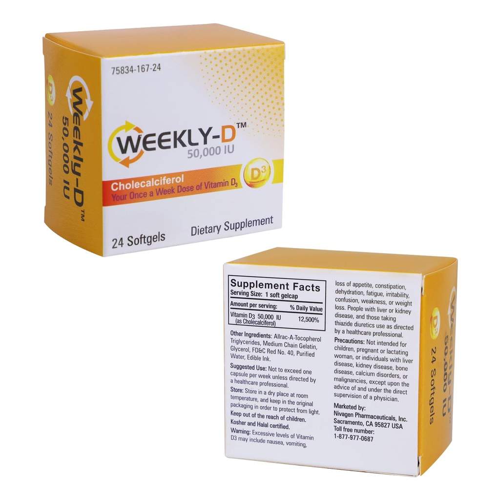 Nivagen Weekly-D Vitamin D3 50,000 IU (Cholecalciferol) | Once-Weekly High Potency Softgels | 24 Softgels | Supports Bone, Muscle & Immune Health | Easy to Swallow | Non-GMO, Gluten Free | Made in USA