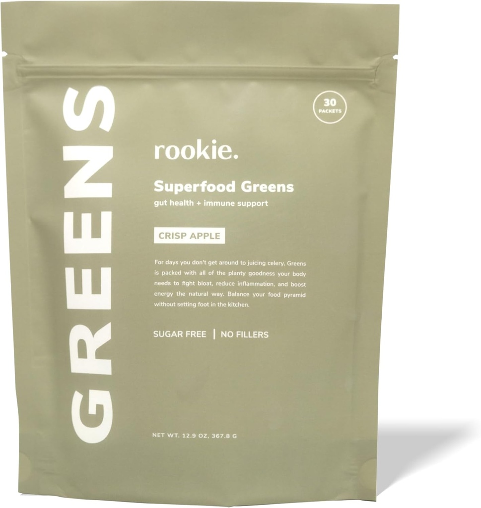 Rookie Wellness Greens + Superfoods - Greens Superfoods 配以全食源成份制成的粉末饮料,包含维生素,亲生素,抗氧化剂,以及Baobab Fiber(30 services, Crisp Apple).
