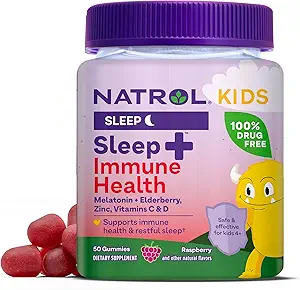 与梅拉托宁、锌、维生素C和D、长老莓、50个Raspberry Flavored Melatonin和伊马托尼保健集团合作的Natrol儿童睡眠+免疫保健