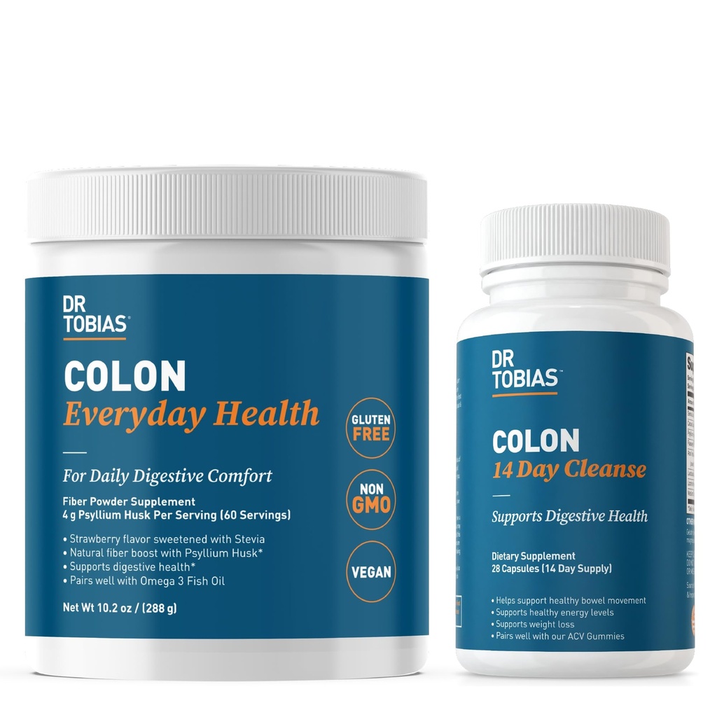 Tobias Colon博士 14日清洁剂和Colon 每日健康、高级清洁剂解毒剂和每日消化剂支持,配有Psyllium Husk Fiber粉,消化剂井包,非GMO