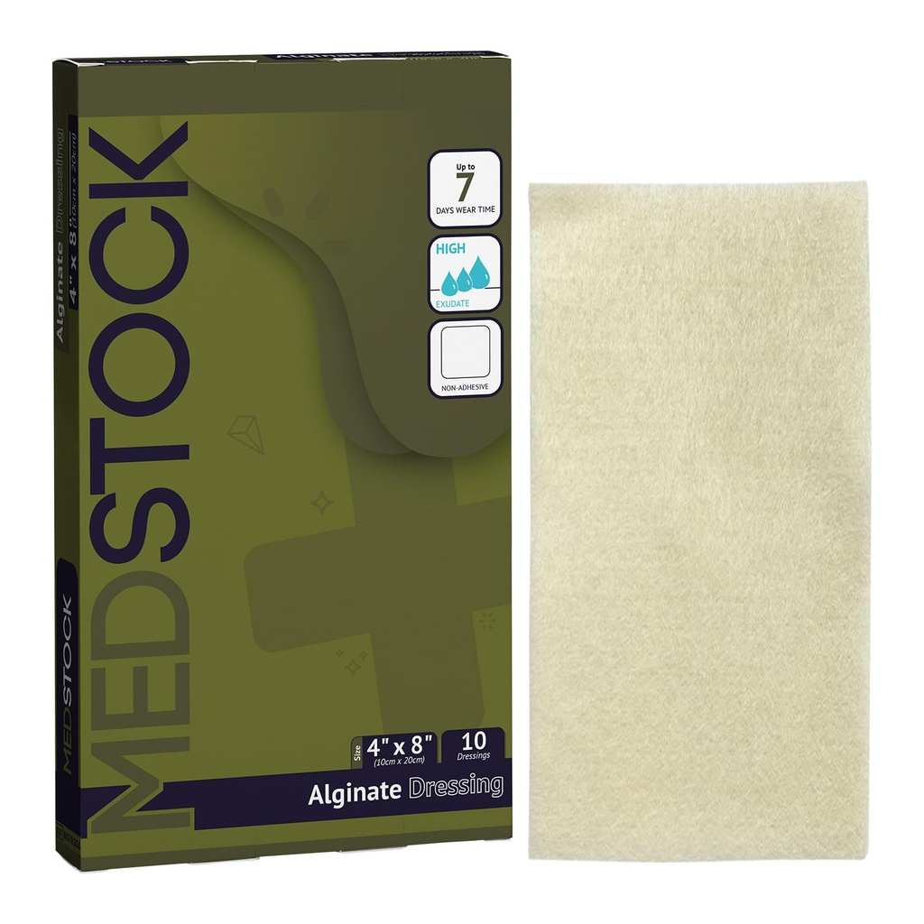MEDSTOCK Alginate Dressing, 4"x8" (Pack of 10), Highly Absorbent Non-Woven Wound Care, Gel Formation for Optimal Healing Environment, Made with 100% Calcium Alginate Fibres