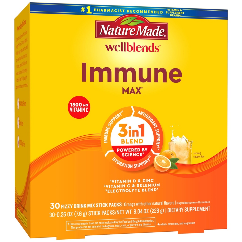 Nature Made Wellblends ImmuneMAX Fizzzy Drinch Mix,维生素C 1500mg,锌15 mg,维生素D3 1000 IU(25 mcg),外加B维生素和电解液水合剂,30 棒包