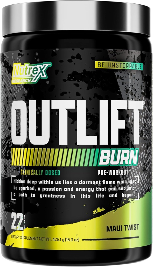 Nutrex Outlift 烧焦前工作辅助 能源、焦点和耐力 → Metabolyte、L-Citrulline、Beta-Alanine和Cafeine → 性能热成性公式(22名服务员,Maui Twist)