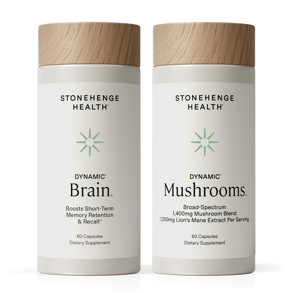 Stonehenge Health Dynamic Brain + Dynamic Mushrooms Bundle Memory Acquisition, Retention, & Recall with 40 Unique Nootropic Brain & Immune System Support