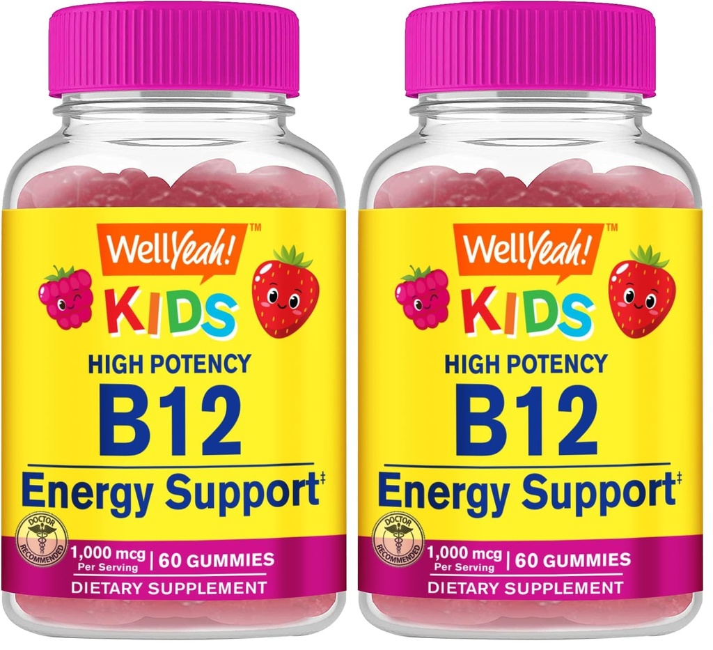 WellYeah Vitamin B12 Gummies for Kids - Boost Energy, Improve Brain Function, and Strengthen Immune System - Non-GMO, Gluten-Free - Great Tasting Berry Flavor - Easy to Chew - 60 Gummies (Pack of 2)
