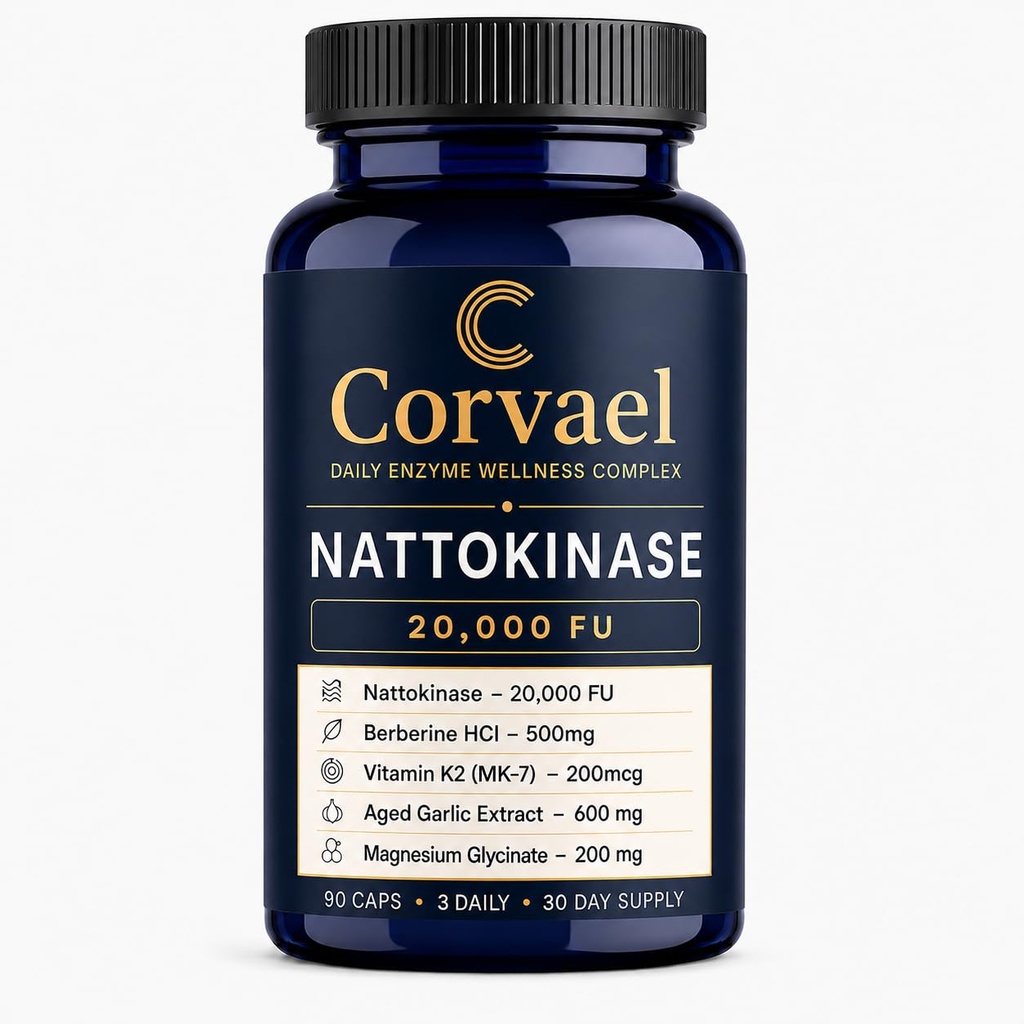 Corvael Nattokinase 20000 Fu with Vitamin K2 MK-7, Berberine, Aged Garlic Extract and Magnesium Glycinate, Daily Circulation Support, 90 Capsules