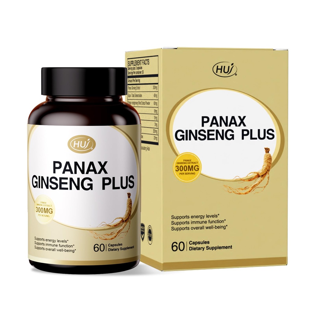 HUJ Panax Ginseng Plus - Ginsenoside Supplement - Contains Panax Ginseng, Panax Notoginseng & American Ginseng - Supports Energy Levels, Immune Function & Overall Health* - 60 Capsules