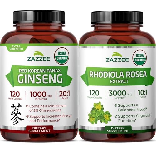 Zazzee Organic Rhodiola Rosea and Korean Panax Ginseng Extract Capsules | 10:1 Rhodiola Rosea Extract Plus 20:1 Ginseng Supplement | Adaptogen Support Bundle