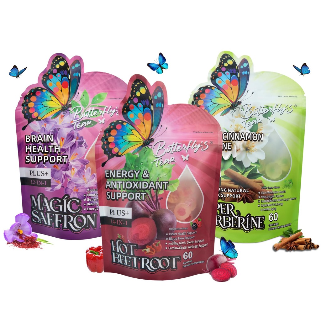 BUTTERFLY'S TEAR 3 Pack Gummies Supplement – Saffron for Mood, Beet Root for Circulation, Berberine for Metabolism, 60 Count Each, Energy & Antioxidant Support, Non-GMO