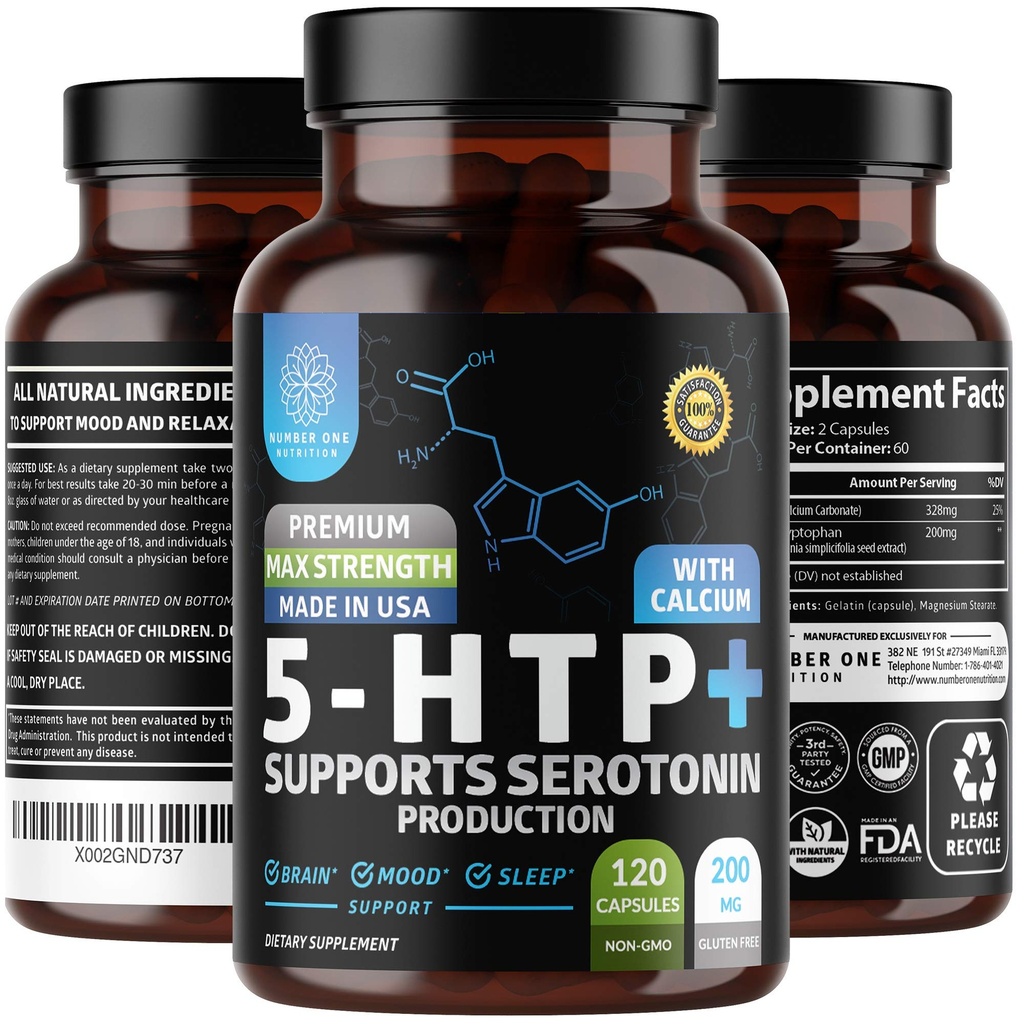 N1N Premium 5-HTP 200mg Plus 钙,由格里夫尼亚种子提取,非转基因生物和Gluten Free制得,120盖