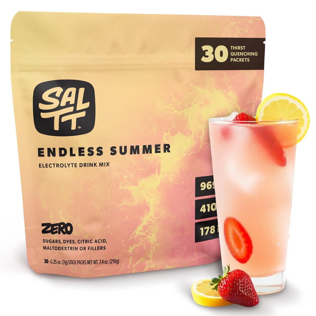 SALTT 电解石 粉碎饮料 混合 - 无尽的夏天 - 30个水解包 - 镁,钾,钠,痕量矿物 - 零糖和葡萄糖 免费 - 旅行必需品
