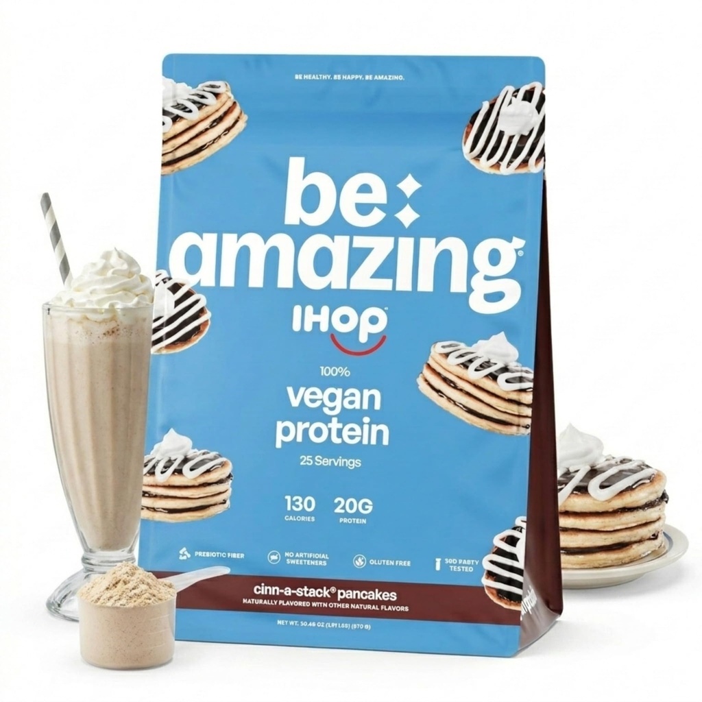 BE AMAZING Vegan Protein Powder, IHOP Cinn-A-Stack Pancake, 20g Plant Based Pea Protein, Prebiotic Fiber, Low Carb, Dairy Free, Gluten Free, Soy Free, No Added Sugar, 25 Servings