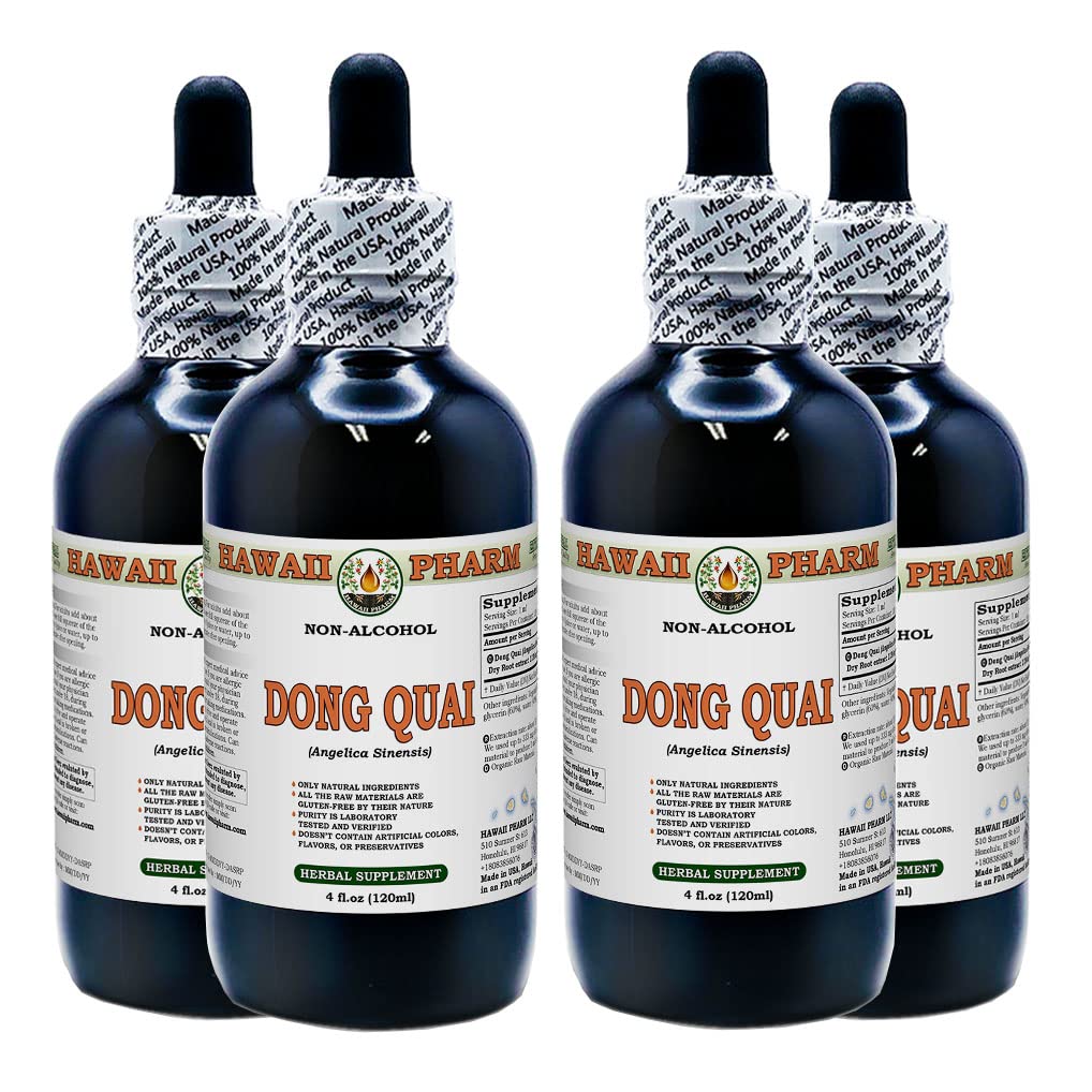 Hawaii Pharm Dong Quai Alcohol-Free Liquid Extract, Chinese Angelica (Angelica sinensis) Dried Root Glycerite Natural Herbal Supplement 4x4 oz