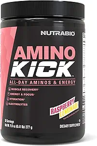 NutraBio Amino Kick – 含天然咖啡因的BCAA粉末 – 氨酸对能源,水分和回收的补充 – BCAAs,电解剂和氨基酸 – Raspberry Lemonade, 30 services