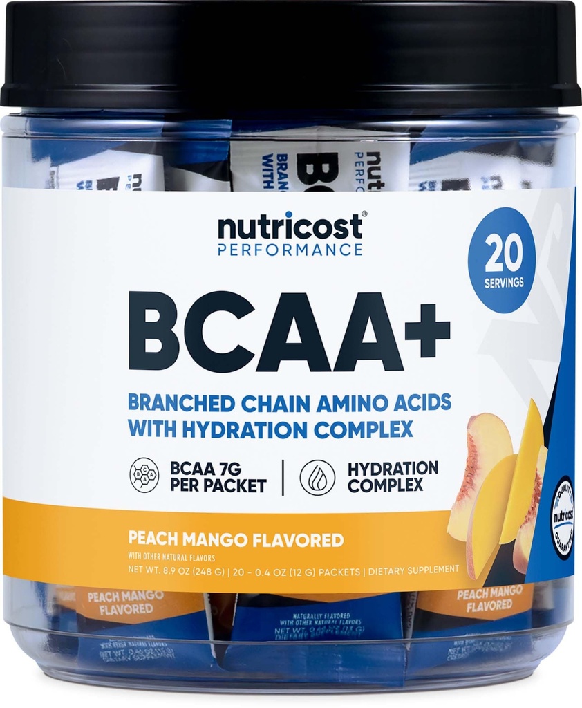 营养成本 BCAA + 水分桃 芒果火焰(20个棒包) - 带水分复合物的分支链氨酸 - 无糖无糖,非GMO